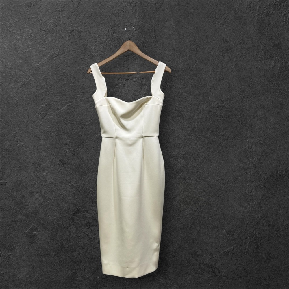 Victoria Beckham Cream Sweetheart Cowl Neck Midi Sheath Dress Back Zip Sz 2 - Picture 2 of 12
